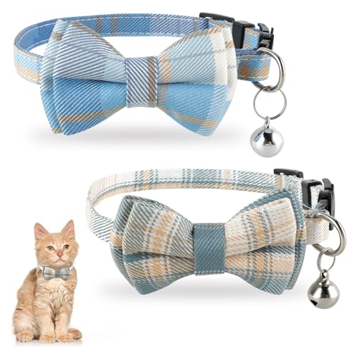 Twin Pack Blue Plaid Bowtie Cat Collars with Bells