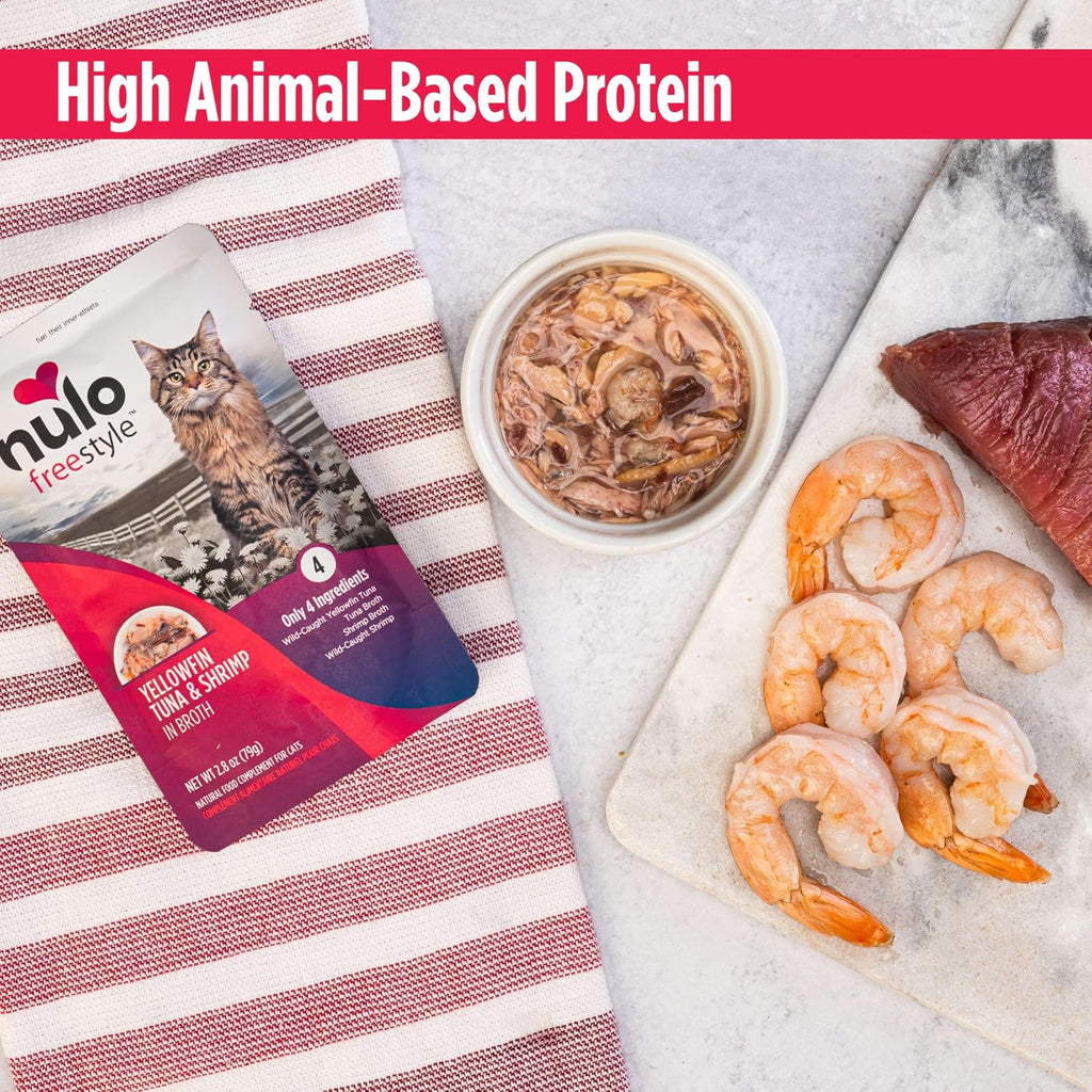 Freestyle Cat & Kitten Wet Cat Food - Yellowfin Tuna & Shrimp in Broth, Grain-Free, High Protein Soft Food Topper Treat, 2.8Oz Pouches (Pack of 24)