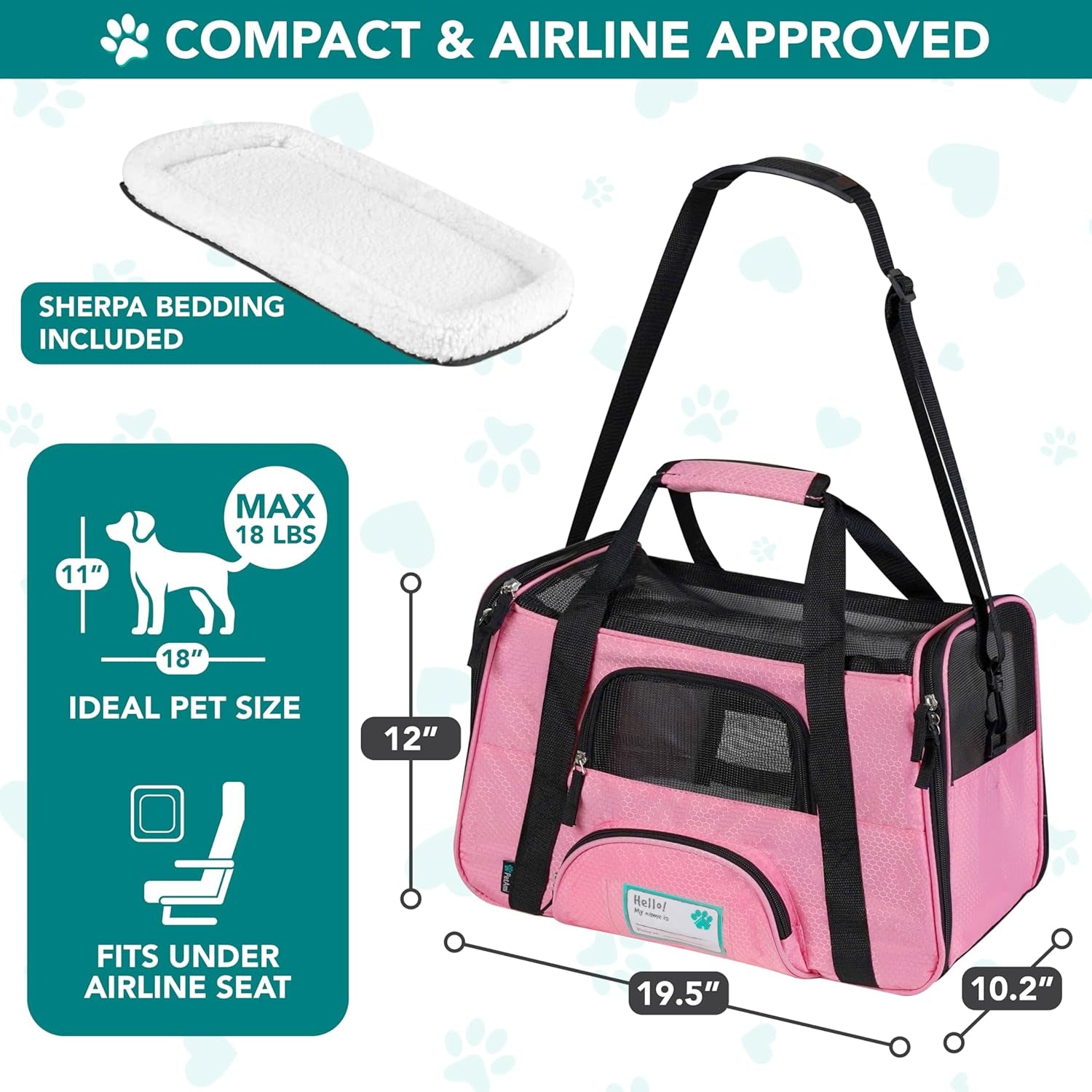 Airline Approved Pet Carrier for Cats & Small Dogs, Soft Sided TSA Travel Carrier Bag with Sherpa Bed, Breathable Mesh Ventilation, Collapsible Bowl, Fits under Seat, up to 18 Lbs, Large Pink