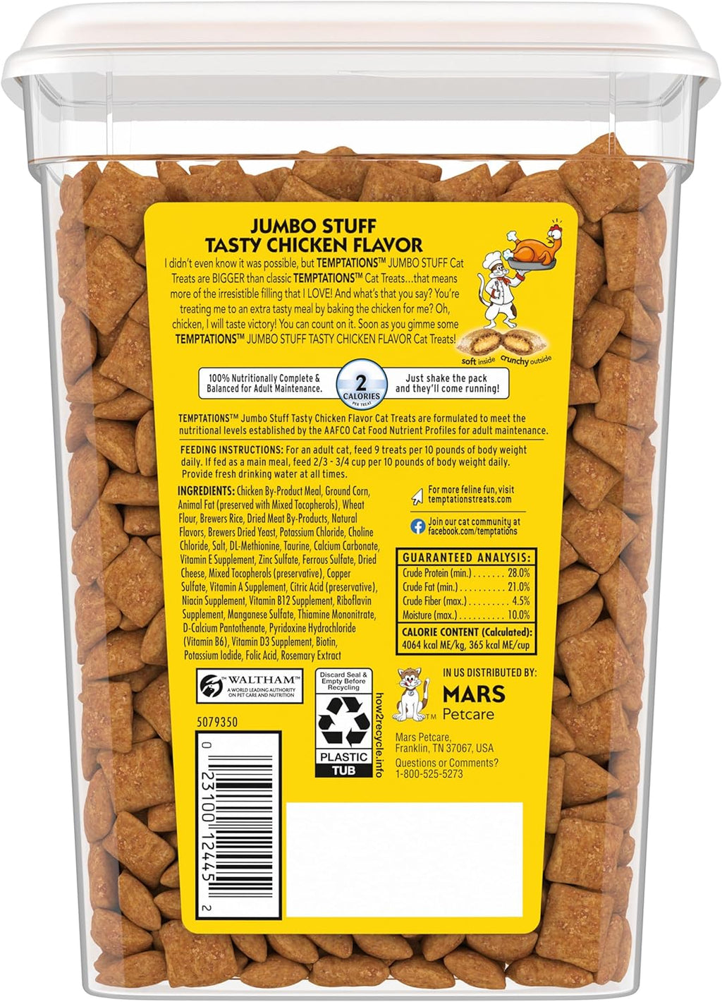 Jumbo Stuffed Cat Treats, Crunchy and Soft Cat Treats, Tasty Chicken Flavor, 14 Oz. Tub