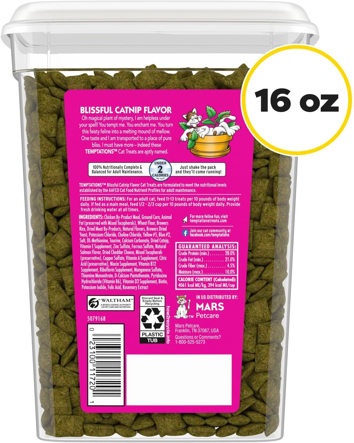 Cat Treats, Classic Crunchy and Soft Cat Treats, Blissful Catnip Flavor, Catnip Treats, 16 Oz. Tub