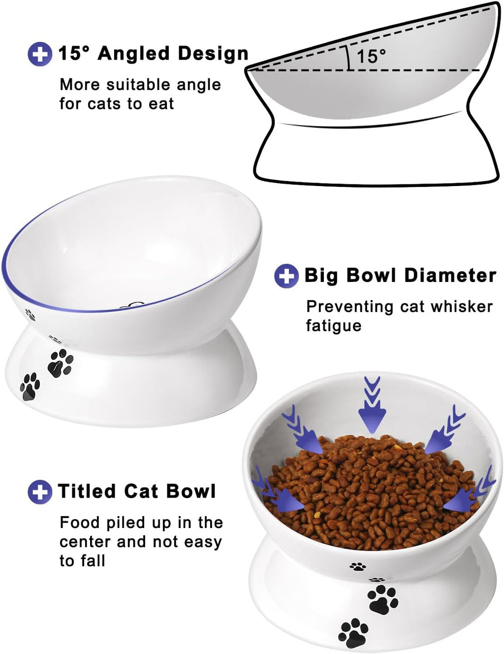 Large Raised Cat Food Bowl, 7 Inch Tilted Elevated Bowl, Ceramic Pet Food Bowl for Adult Cats and Medium Dogs, anti Vomiting, Protects Pet'S Spine, Dishwasher Safe