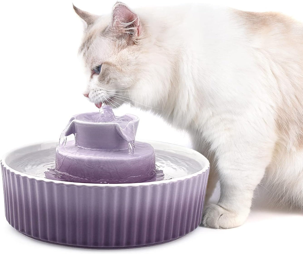 2.1L Ceramic Cat Water Fountain-For Cats and Dogs, 360 Ceramic Pet Fountain-70 Oz Large Water Capacity - Whisper-Quiet Water Flow-Great for Shy or Timid Pets - Fresh, Filtered Water(Purple)