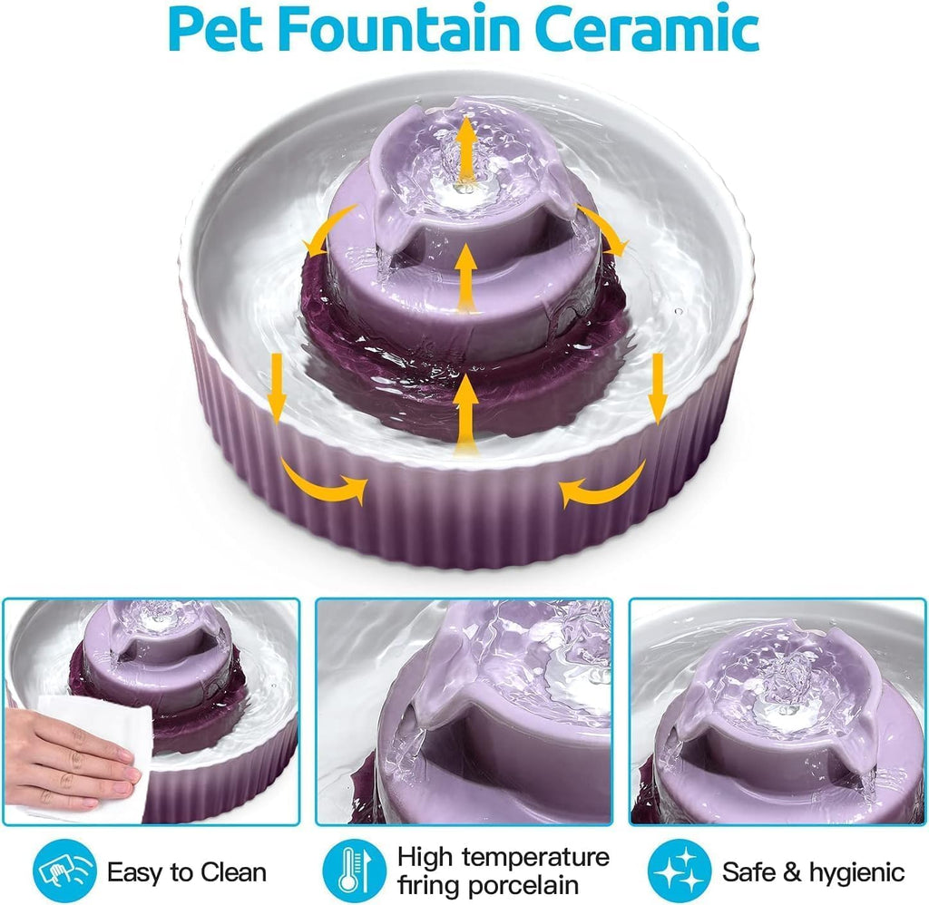 2.1L Ceramic Cat Water Fountain-For Cats and Dogs, 360 Ceramic Pet Fountain-70 Oz Large Water Capacity - Whisper-Quiet Water Flow-Great for Shy or Timid Pets - Fresh, Filtered Water(Purple)