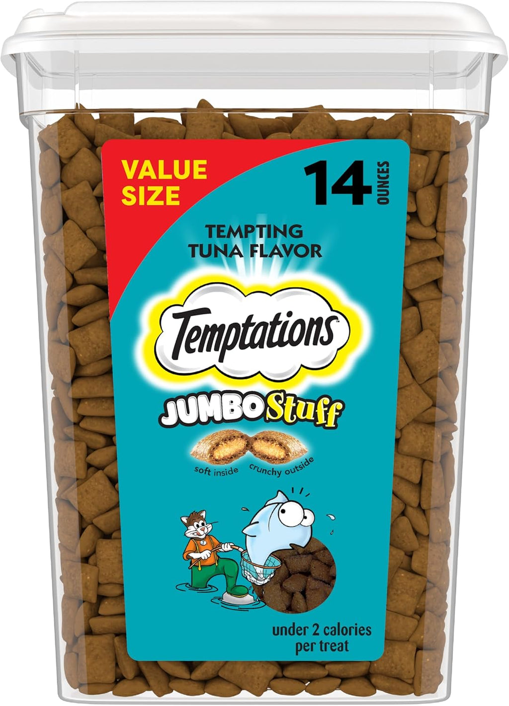 Jumbo Stuffed Cat Treats, Crunchy and Soft Cat Treats, Tempting Tuna Flavor, 14 Oz. Tub