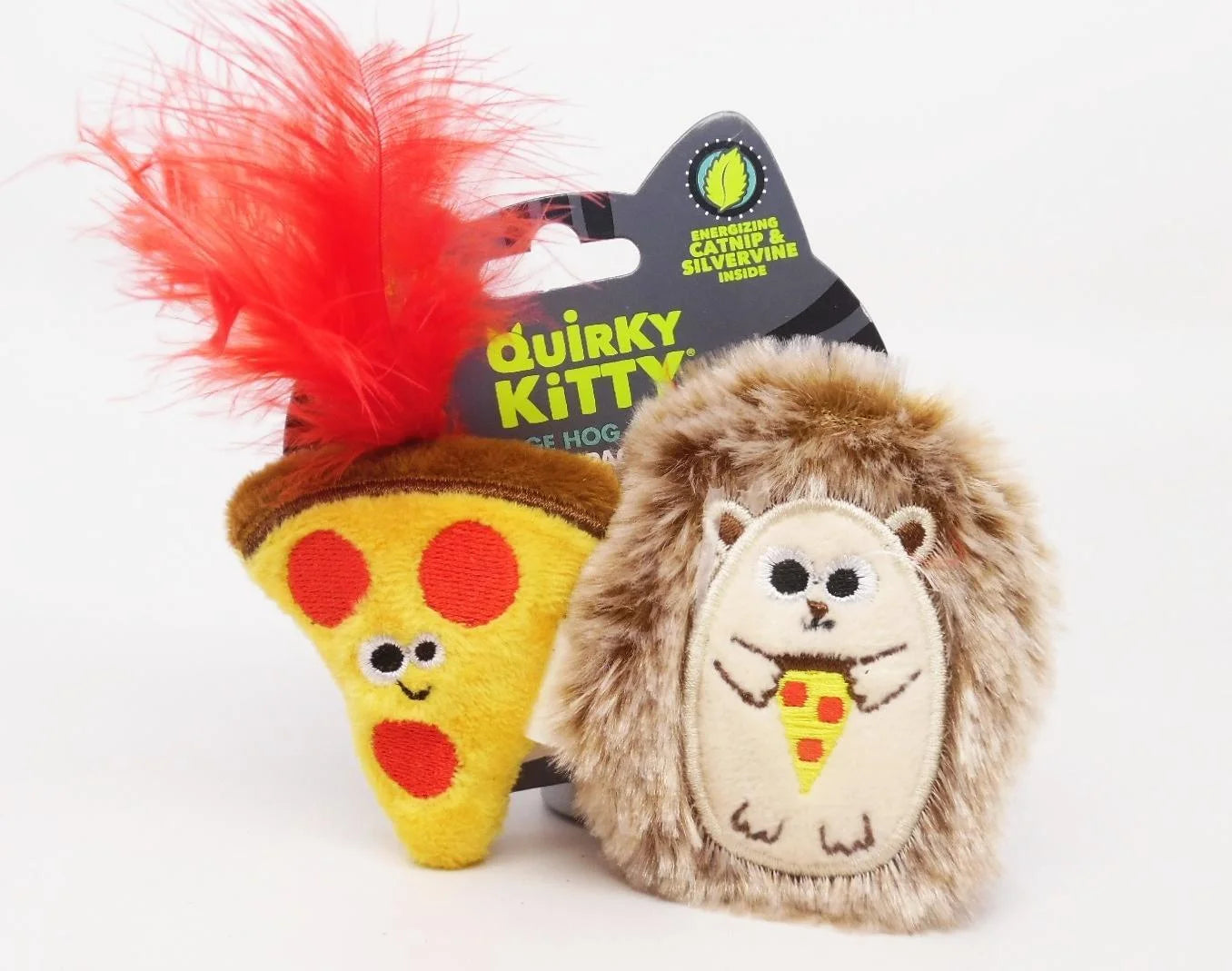 Quirky Kitty 2-Piece Plush & Crinkly Cat Toy Set with Hedgehog & Pizza, Brown (2 Pack)