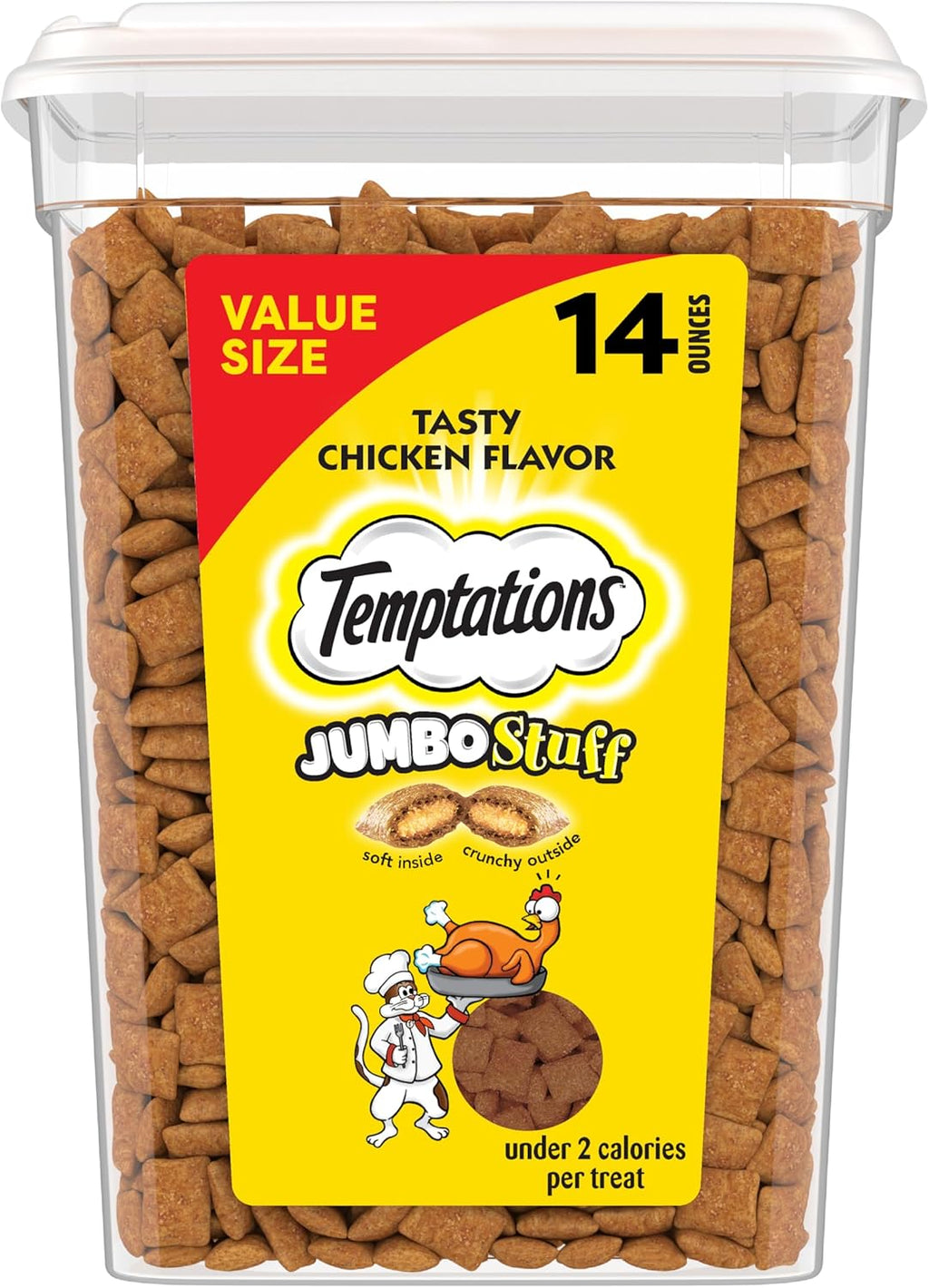Jumbo Stuffed Cat Treats, Crunchy and Soft Cat Treats, Tasty Chicken Flavor, 14 Oz. Tub