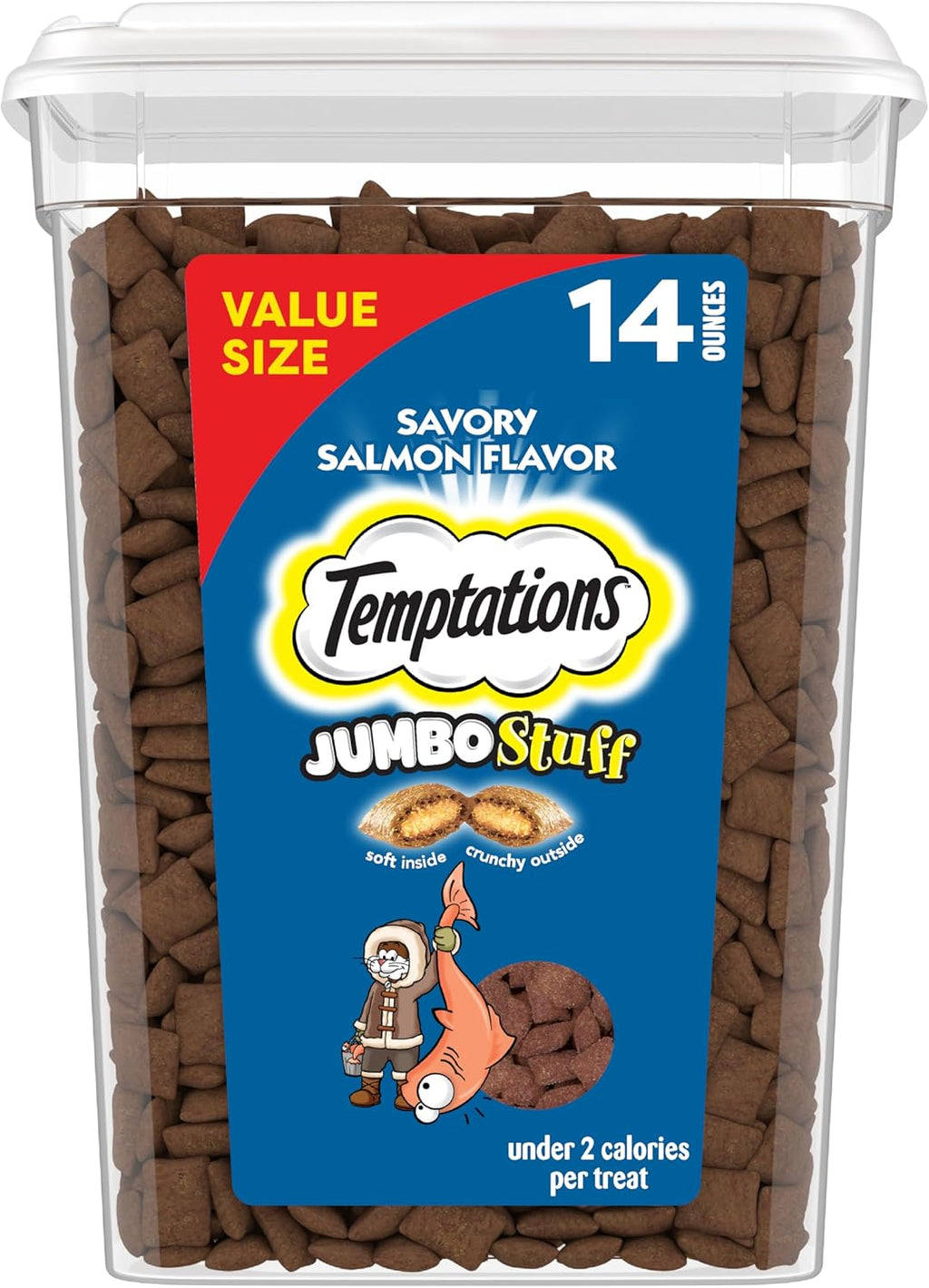 Jumbo Stuffed Cat Treats, Crunchy and Soft Cat Treats, Savory Salmon Flavor, 14 Oz. Tub