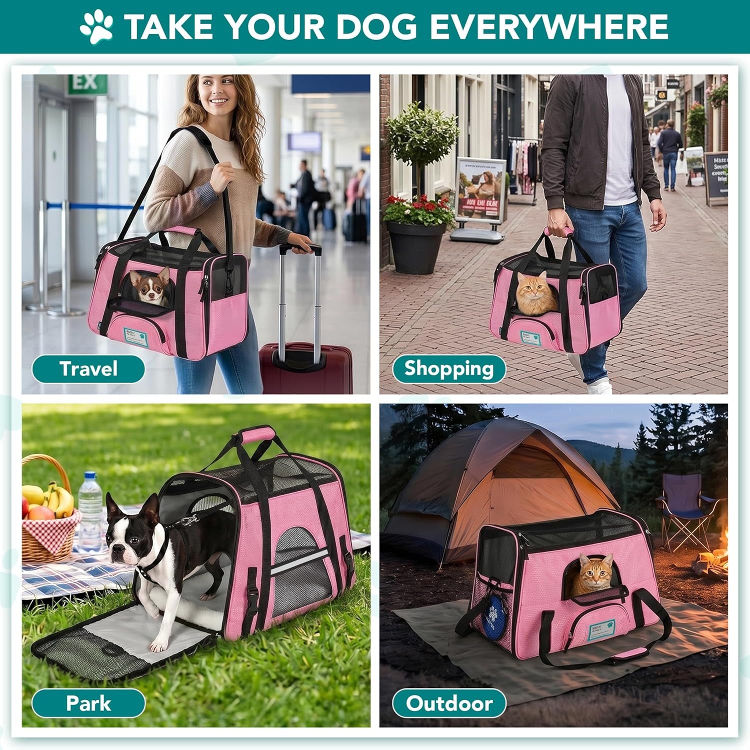 Airline Approved Pet Carrier for Cats & Small Dogs, Soft Sided TSA Travel Carrier Bag with Sherpa Bed, Breathable Mesh Ventilation, Collapsible Bowl, Fits under Seat, up to 18 Lbs, Large Pink