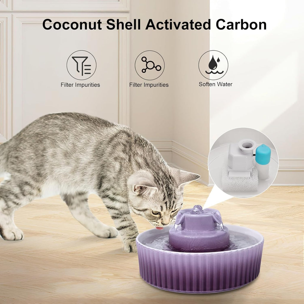 2.1L Ceramic Cat Water Fountain-For Cats and Dogs, 360 Ceramic Pet Fountain-70 Oz Large Water Capacity - Whisper-Quiet Water Flow-Great for Shy or Timid Pets - Fresh, Filtered Water(Purple)