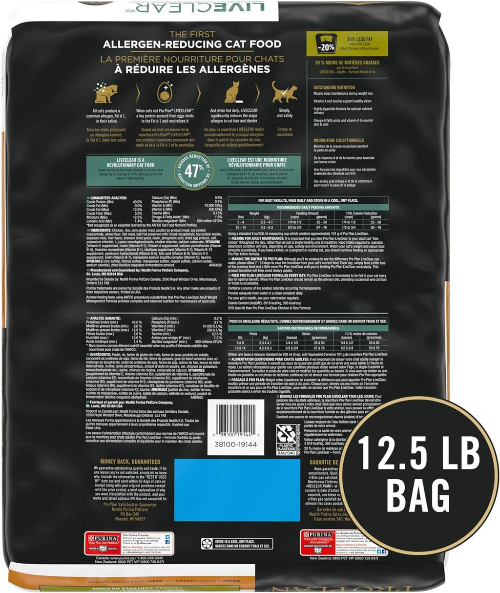Purina Pro Plan Live Clear Cat Food Weight Management and Cat Allergen Reducer Chicken and Rice Formula - 12.5 Lb. Bag