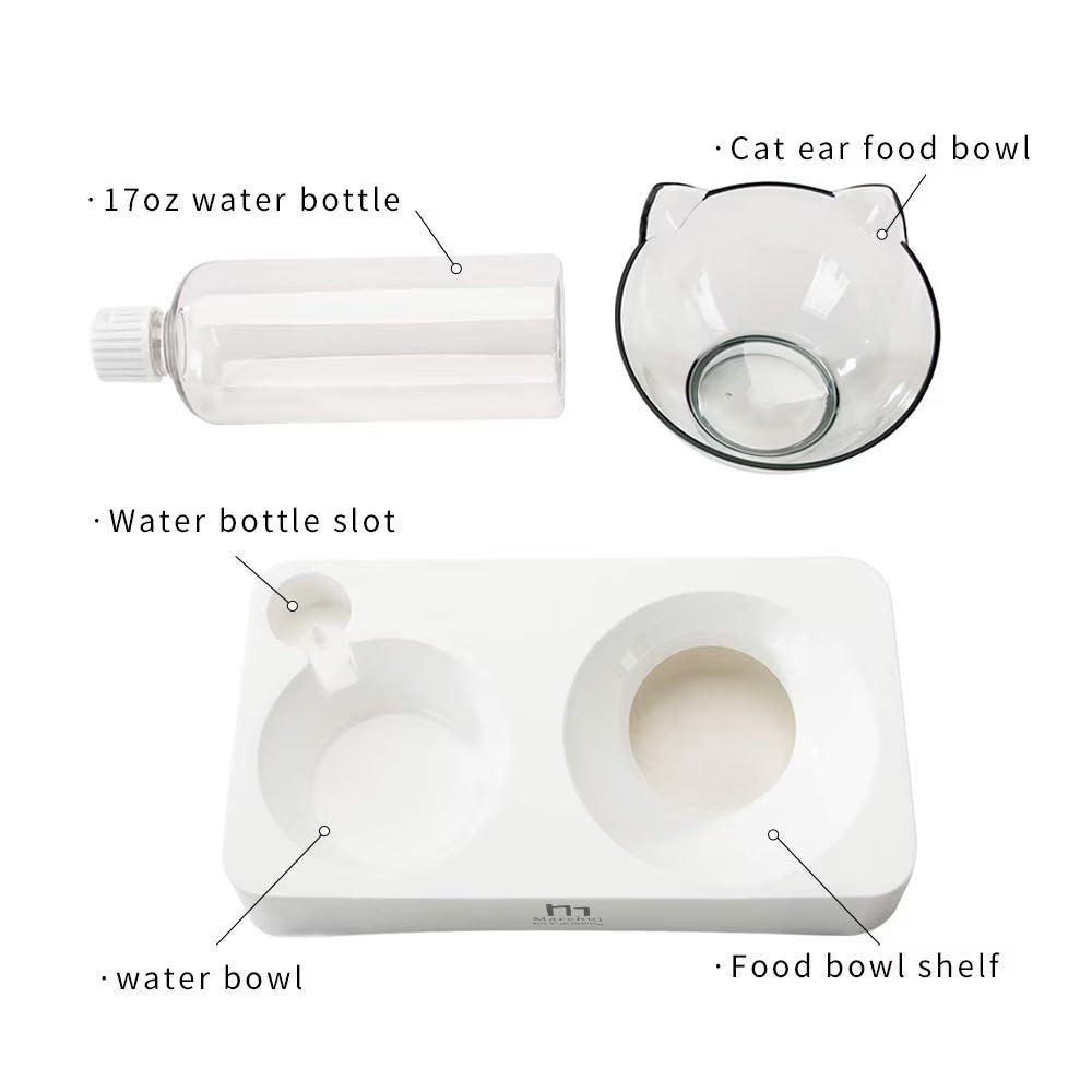 Tilted Raised Cat Food Bowl and Gravity Water Bottle, Elevated Cat Dish with Non-Slip Feeding Mat for Cats Kitten