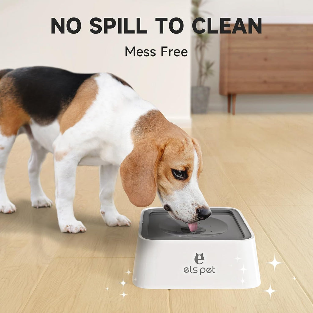 No Spill Slow Water Feeder - Large Capacity 70Oz/2L Travel Bowl for Dogs & Cats Anti-Gulping, Keeps Floor & Beard Dry, Dishwasher Safe, Activated Carbon Filter Included (Grey)