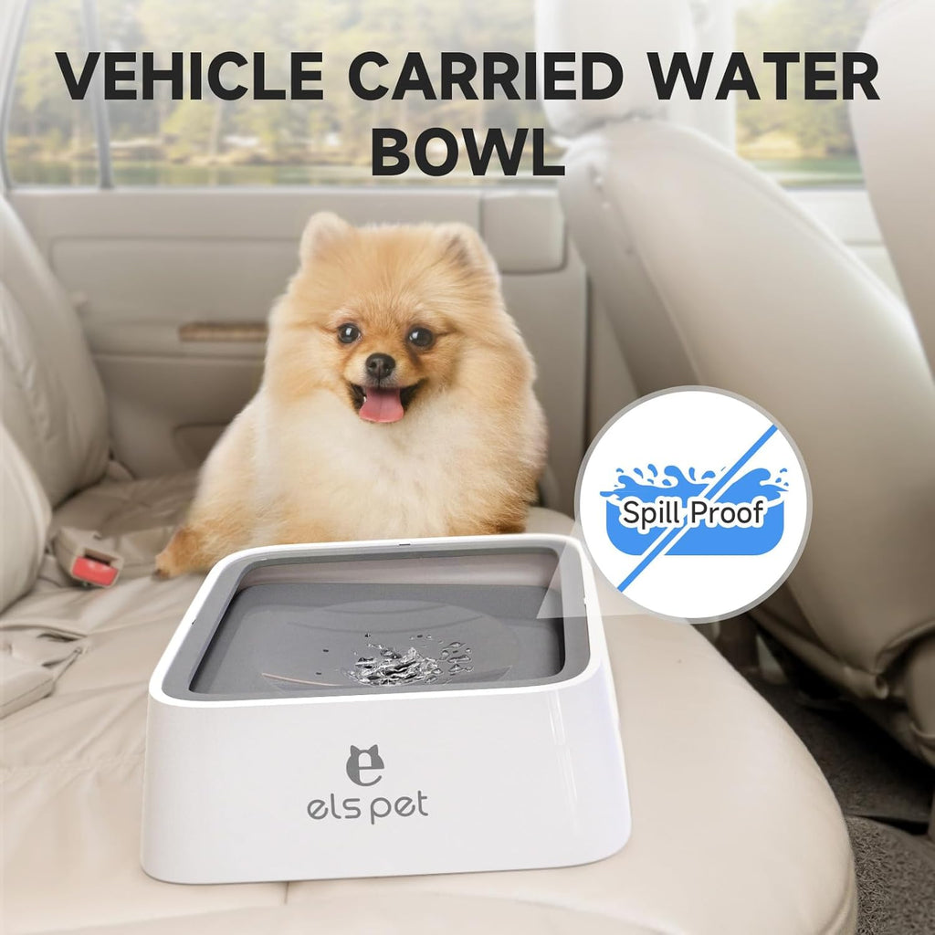 No Spill Slow Water Feeder - Large Capacity 70Oz/2L Travel Bowl for Dogs & Cats Anti-Gulping, Keeps Floor & Beard Dry, Dishwasher Safe, Activated Carbon Filter Included (Grey)