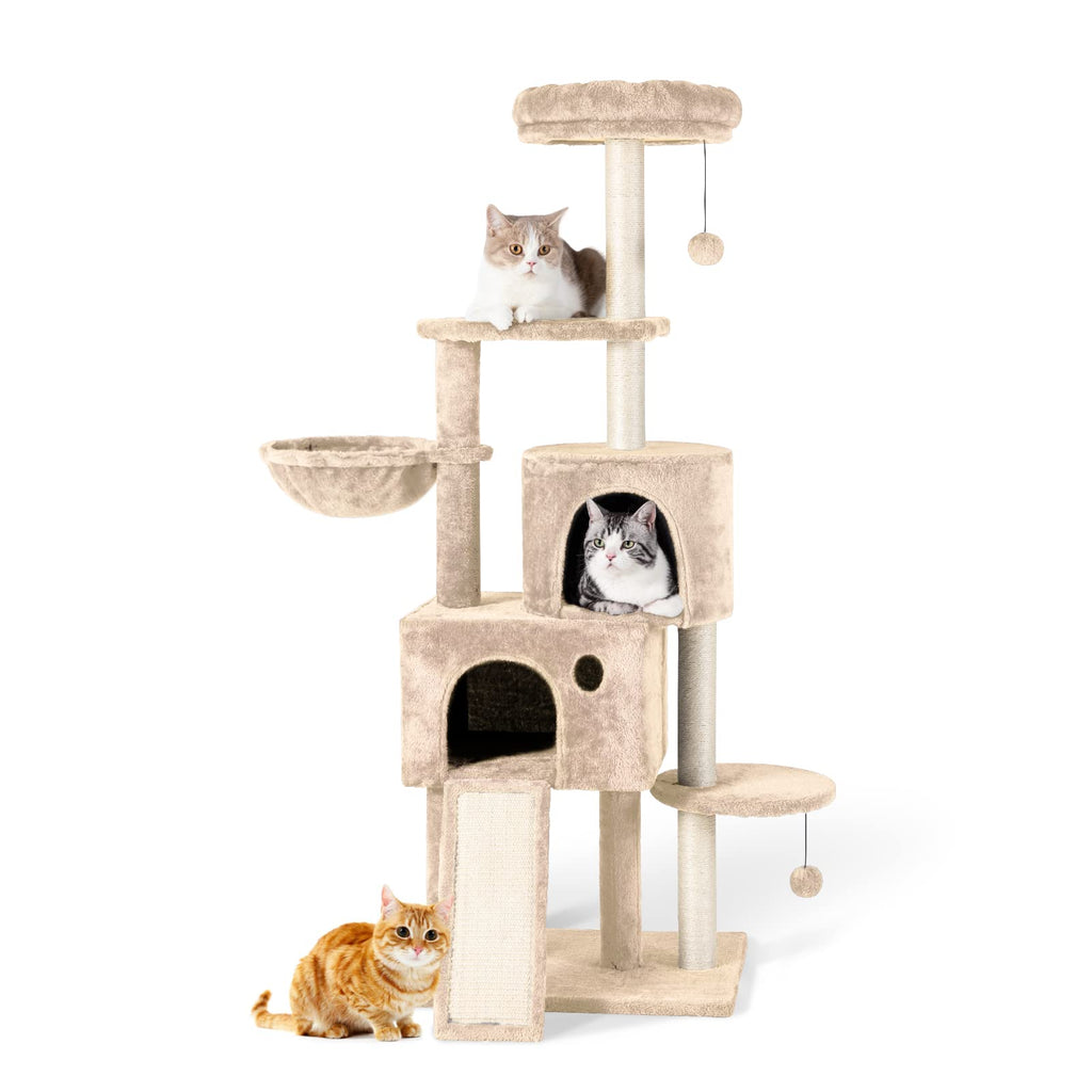 TSCOMON 59" Plush Multi-Level Cat Tower with Hammock Beige