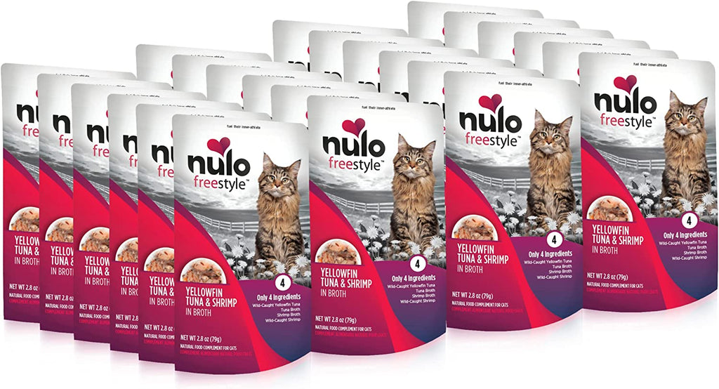 Freestyle Cat & Kitten Wet Cat Food - Yellowfin Tuna & Shrimp in Broth, Grain-Free, High Protein Soft Food Topper Treat, 2.8Oz Pouches (Pack of 24)