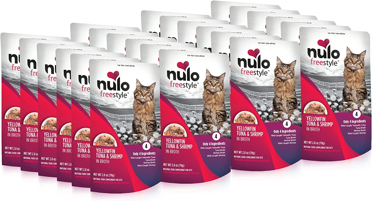 Freestyle Cat & Kitten Wet Cat Food - Yellowfin Tuna & Shrimp in Broth, Grain-Free, High Protein Soft Food Topper Treat, 2.8Oz Pouches (Pack of 24)