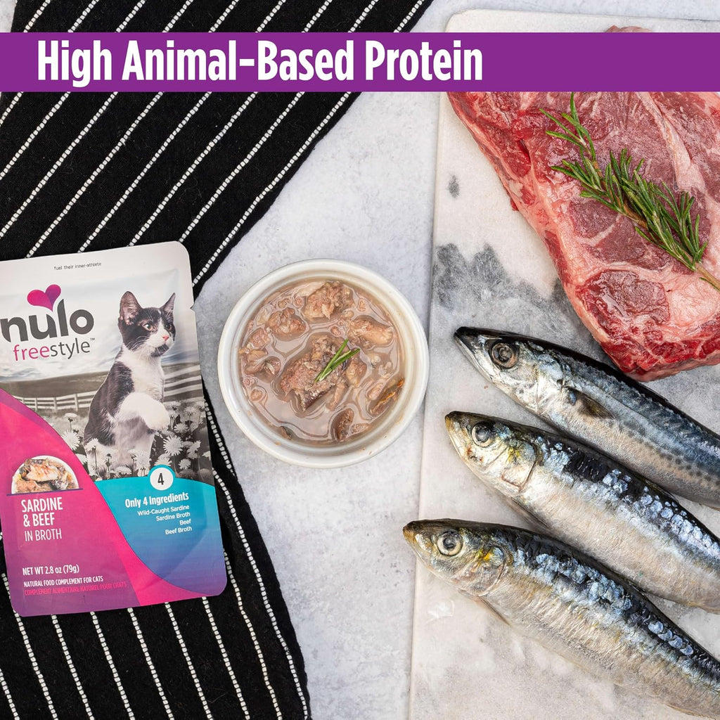 Freestyle Cat & Kitten Wet Cat Food - Sardine & Beef in Broth, Grain-Free, High Protein Soft Food Topper Treat, 2.8Oz Pouches (Pack of 24)