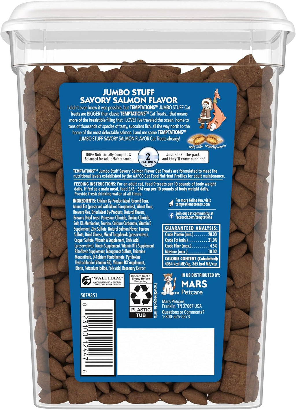 Jumbo Stuffed Cat Treats, Crunchy and Soft Cat Treats, Savory Salmon Flavor, 14 Oz. Tub