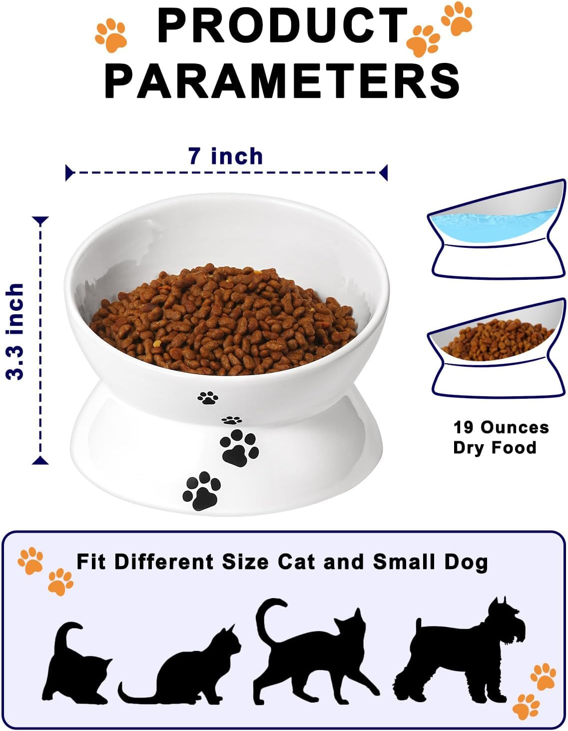 Large Raised Cat Food Bowl, 7 Inch Tilted Elevated Bowl, Ceramic Pet Food Bowl for Adult Cats and Medium Dogs, anti Vomiting, Protects Pet'S Spine, Dishwasher Safe