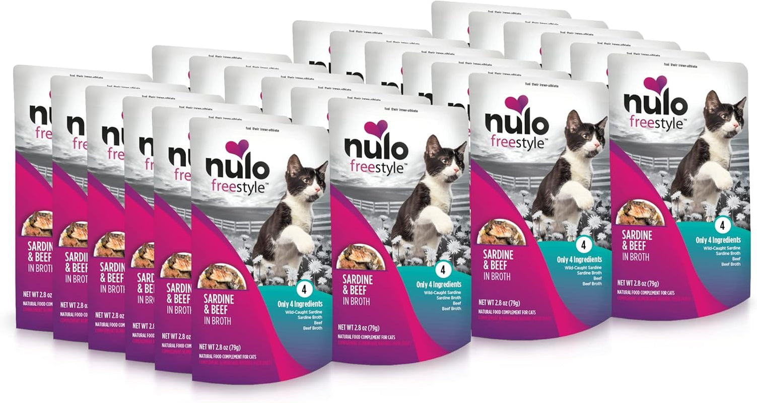 Freestyle Cat & Kitten Wet Cat Food - Sardine & Beef in Broth, Grain-Free, High Protein Soft Food Topper Treat, 2.8Oz Pouches (Pack of 24)