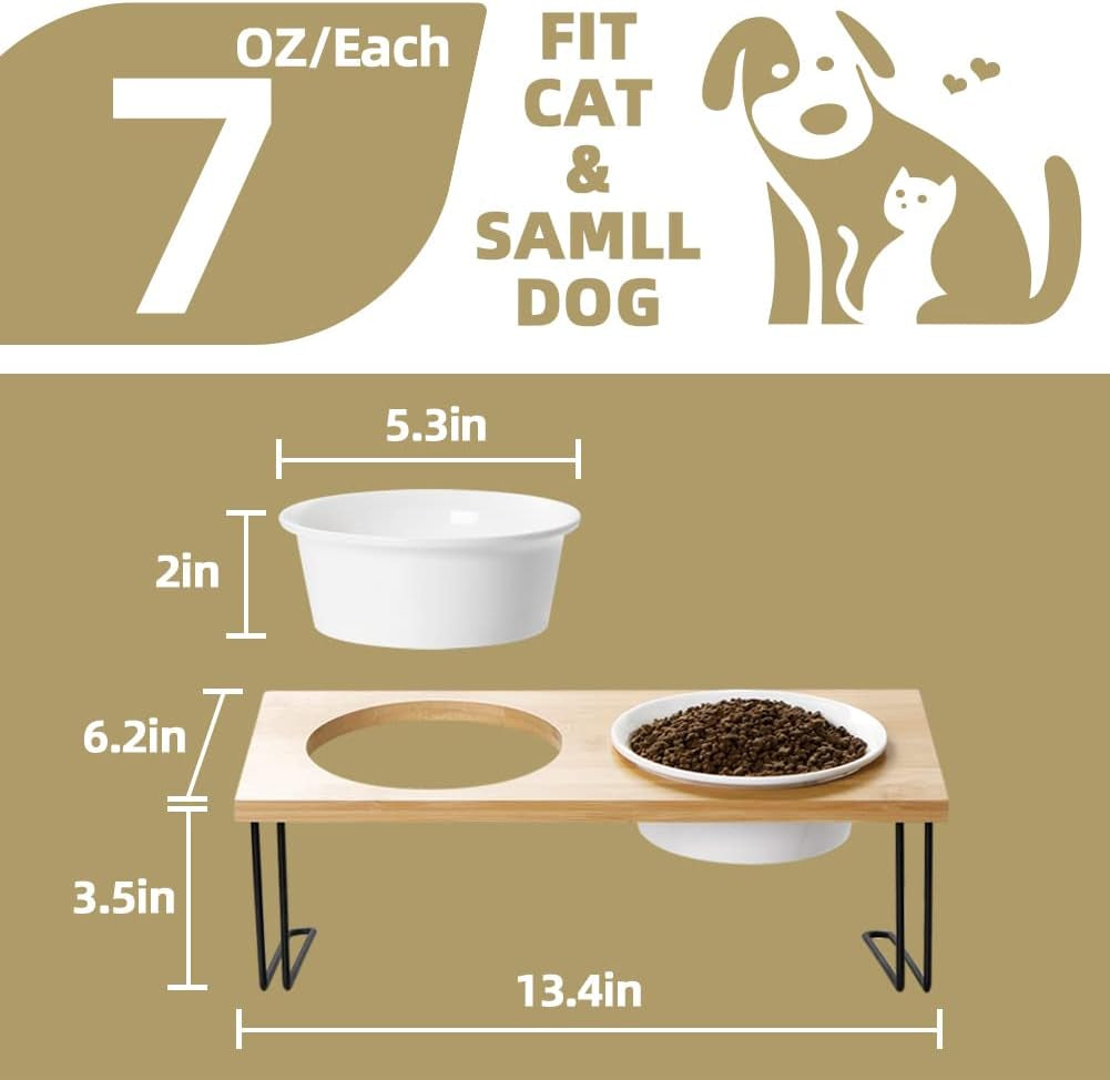 Ceramic Elevated Cat Bowls, Small Dog Bowls, 15° Tilted Raised Pet Bowl with Solid Wooden Stand to Protect Spine, Water and Food Feeder for Cat and Dog, Pack of 2 (White)