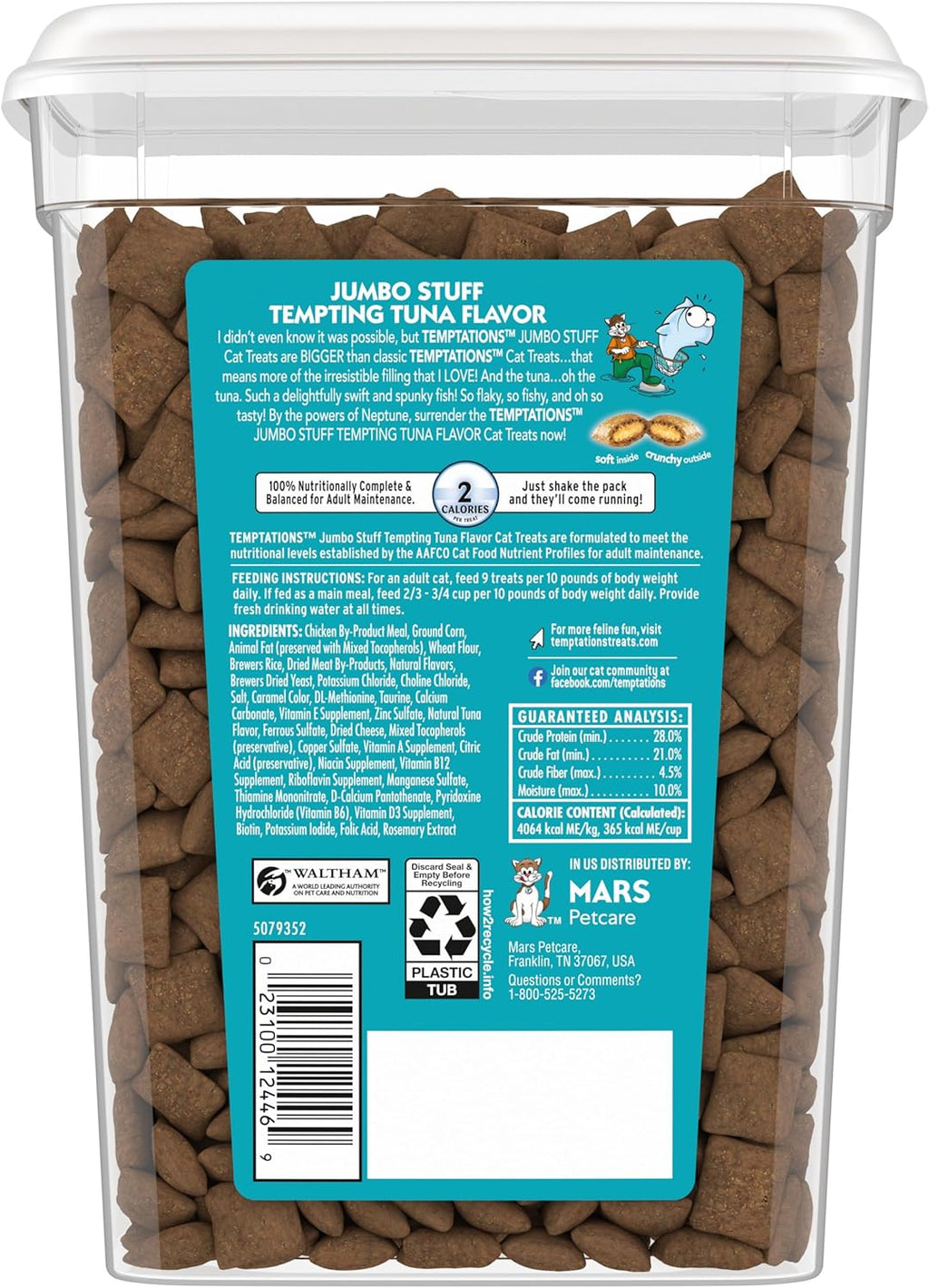 Jumbo Stuffed Cat Treats, Crunchy and Soft Cat Treats, Tempting Tuna Flavor, 14 Oz. Tub